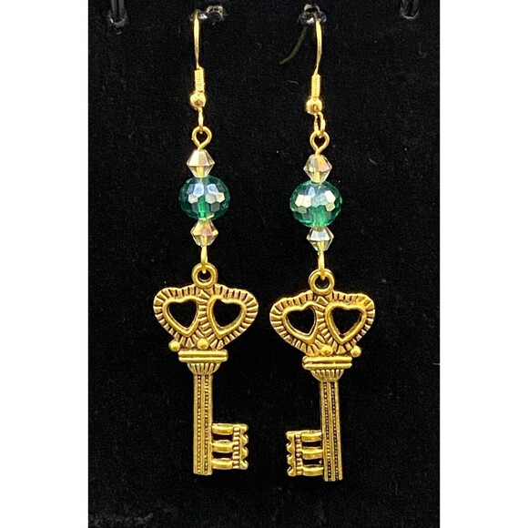Steampunk Key with Aqua Green Crystal Earrings by Neanie-Bot - Picture 3 of 3